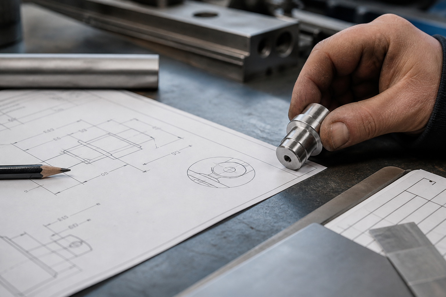 A turned component being reviewed against an engineering drawing