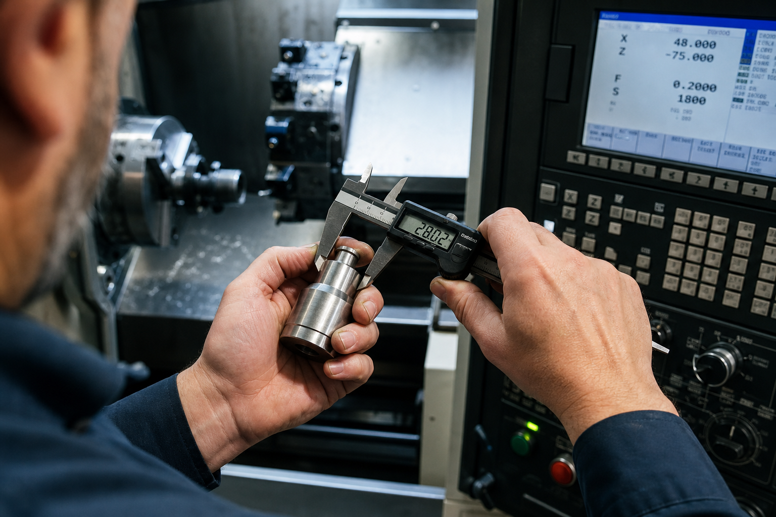 A machinist measuring a turned component beside a CNC lathe
