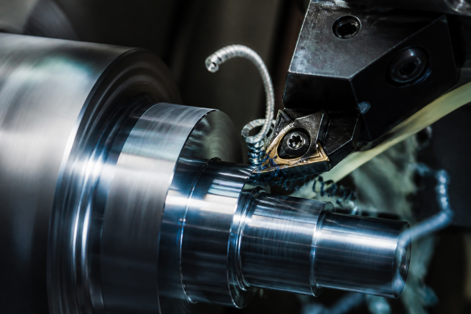 Close-up of a CNC cutting tool machining a metal component