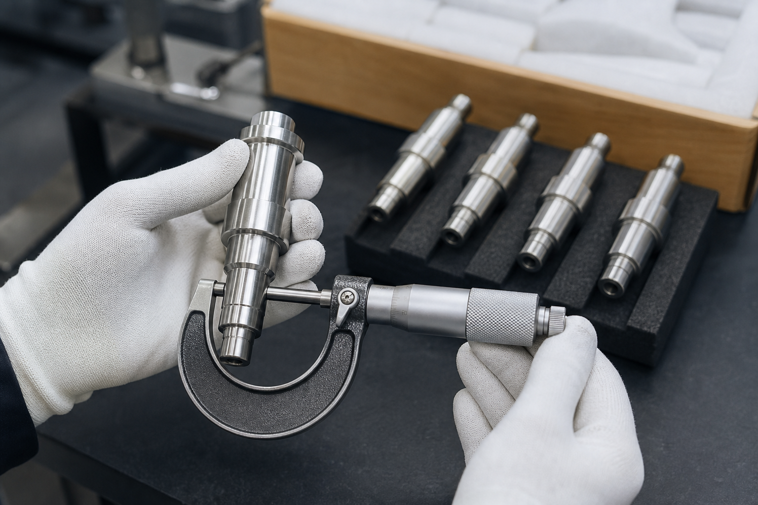 Finished turned components being inspected with a micrometer